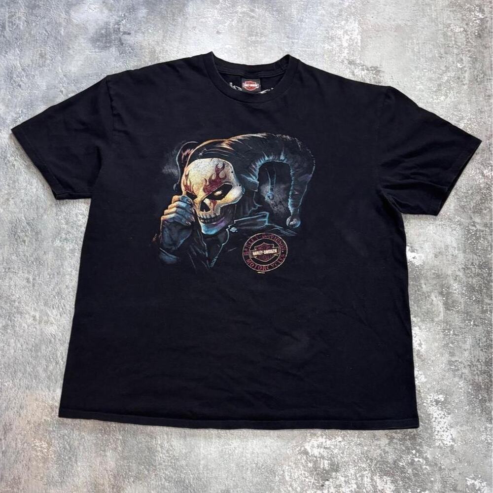 Y2K Black Harley Davidson Skull Graphic T Shirt. License Plate Back. Size XXL